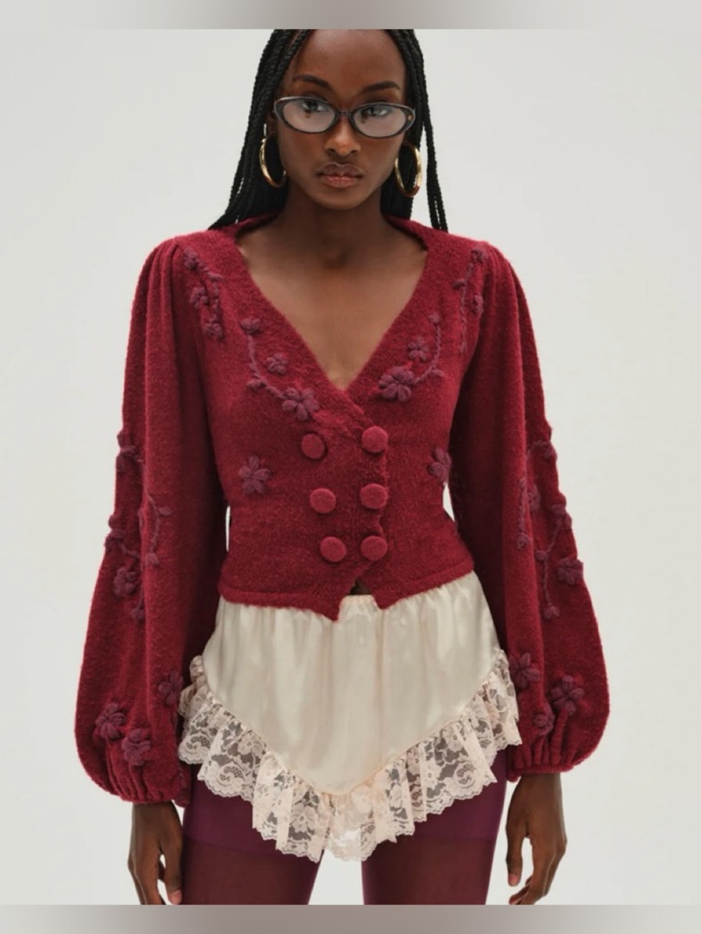 For Love And Lemons Burgundy Floral Pom-Pom Knit Cardigan